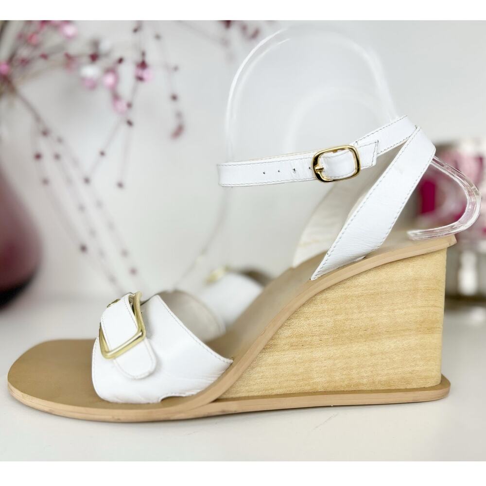 Lord & Taylor White Leather Ankle Strap Wooden Wedge Heel Sandals Size 8‎ M